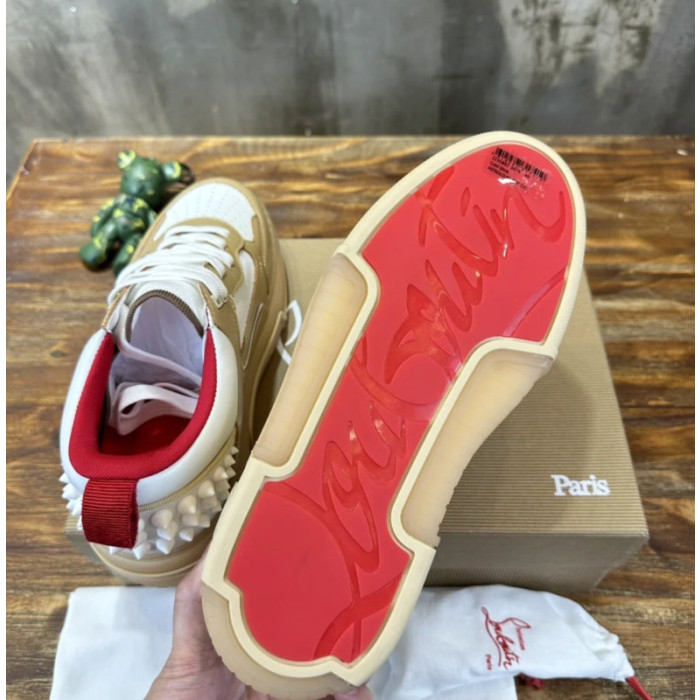 Christian Louboutin Tan‑White Leather Mesh Spiked Platform Low‑Top Sneakers