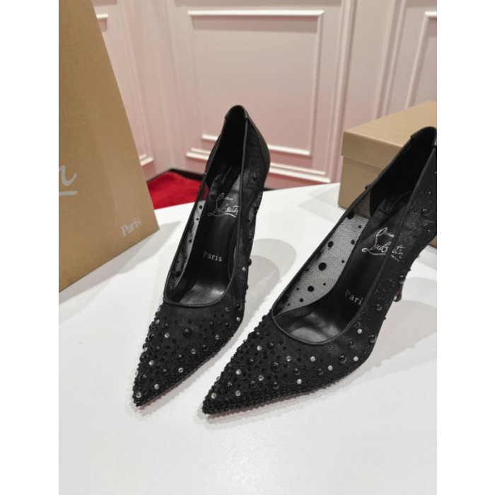 Christian Louboutin Black Mesh Crystal 85mm Stiletto Heel Follies Strass Pumps