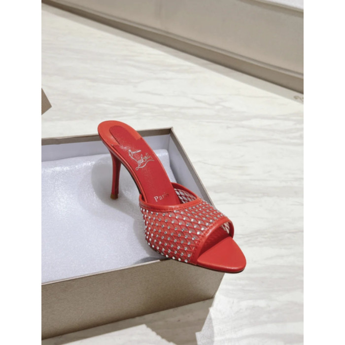 Christian Louboutin Red Mesh Crystal‑Embellished 100mm Peep‑Toe Stiletto Heel Mules