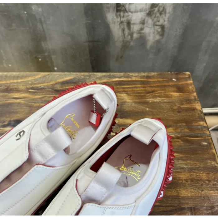 Christian Louboutin White Leather Red‑Trim Spiked Slip‑On Sneakers