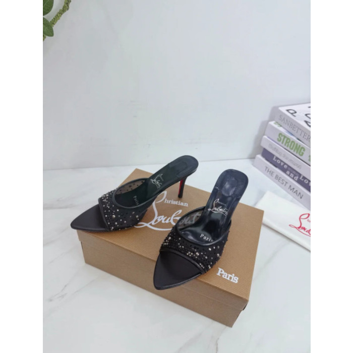 Christian Louboutin Black Mesh Crystal 85mm Pointed‑Toe Mule Heels