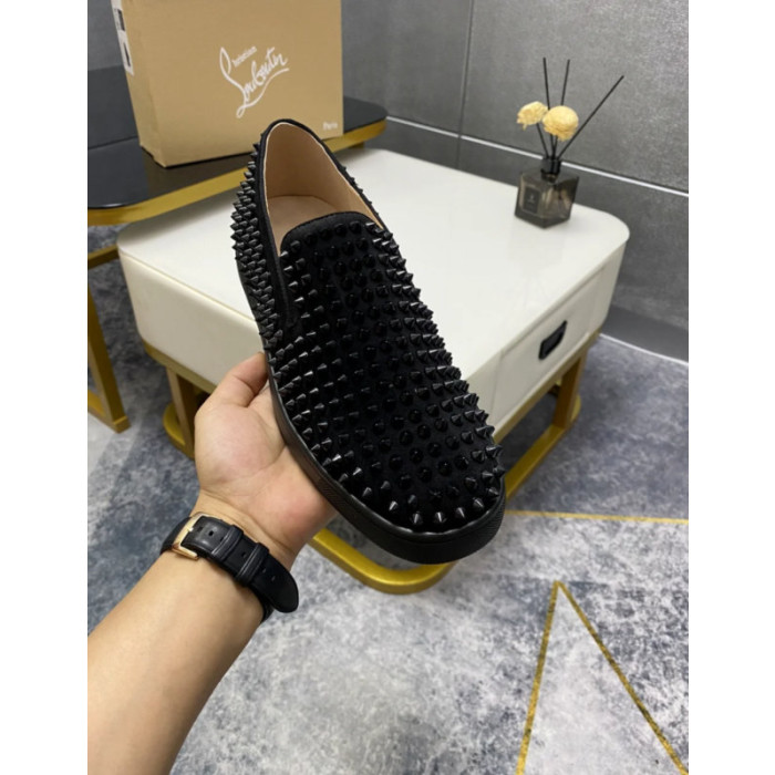 Christian Louboutin Black Suede All‑Over Spiked Slip‑On Loafers