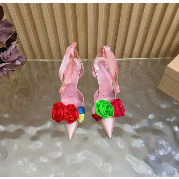 Christian Louboutin Pink Satin Multicolor Rose Flower 100mm Stiletto Heel Slingback Pumps