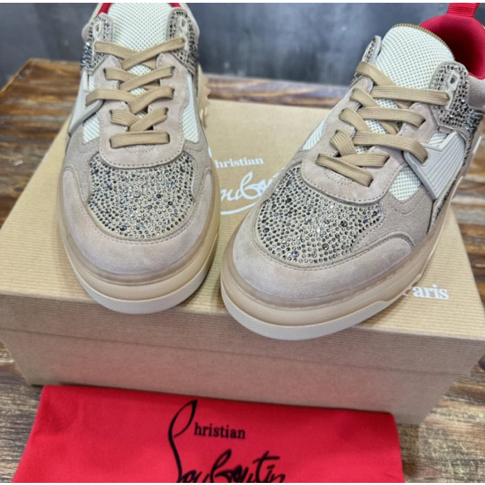Christian Louboutin Beige Suede Crystal Spiked Platform Low‑Top Sneakers