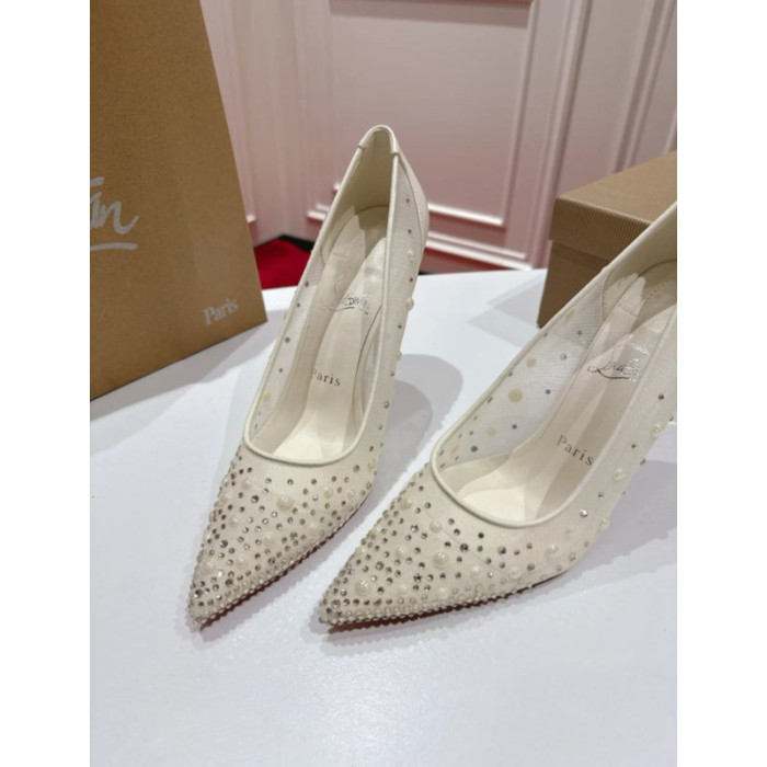 Christian Louboutin Ivory Mesh Pearl Crystal 85mm Stiletto Heel Follies Strass Pumps