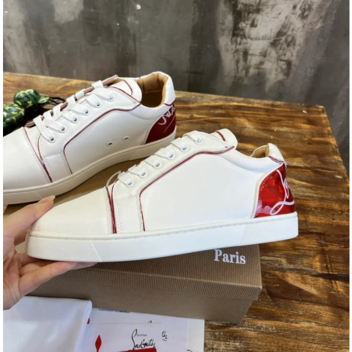 Christian Louboutin White Calf Leather Red‑Logo Low‑Top Sneakers