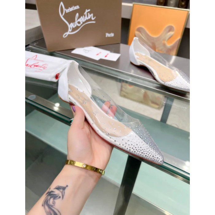 Christian Louboutin Clear PVC White Crystal Pointed‑Toe Flat Pumps