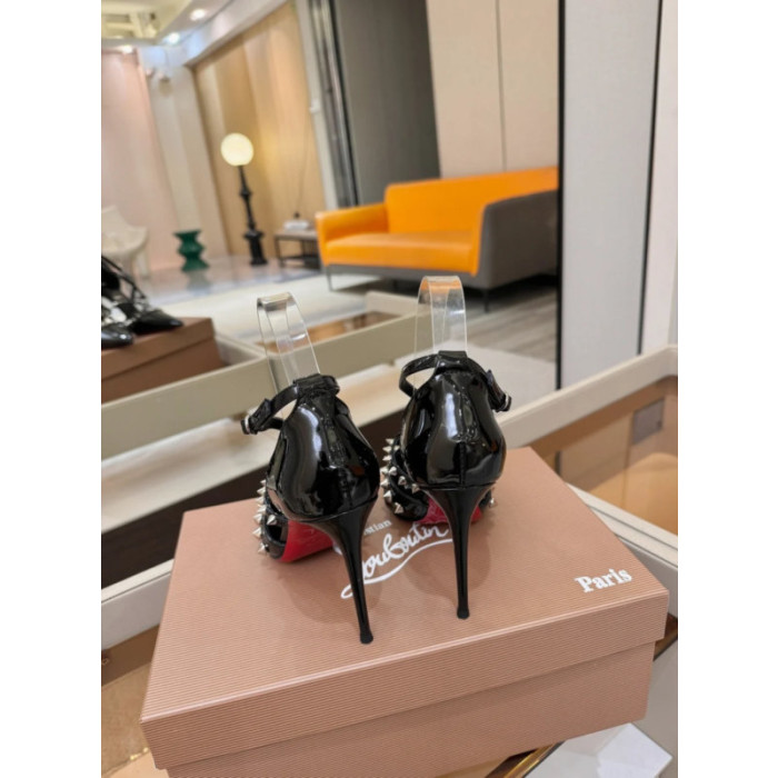 Christian Louboutin Black Patent Studded Crisscross Ankle‑Strap Pointed‑Toe Pumps High Heel