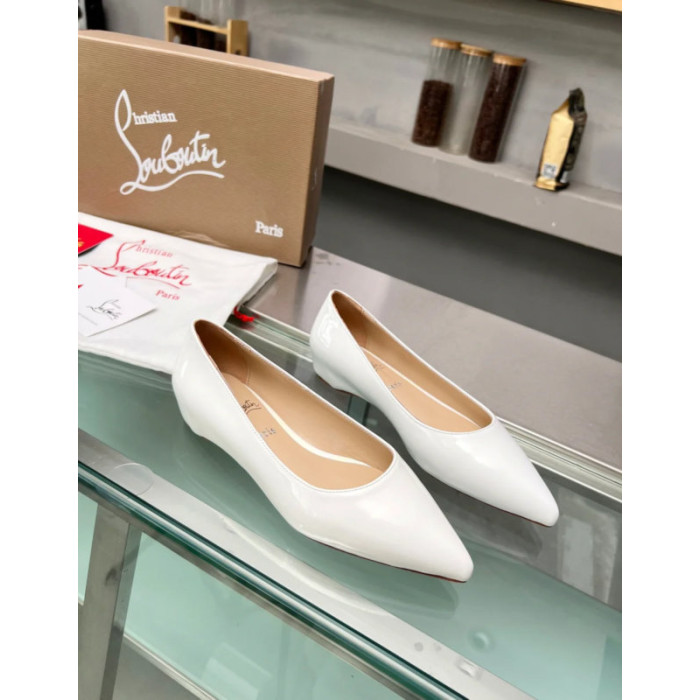Christian Louboutin White Patent Leather Pointed‑Toe Low‑Wedge Heel Flats