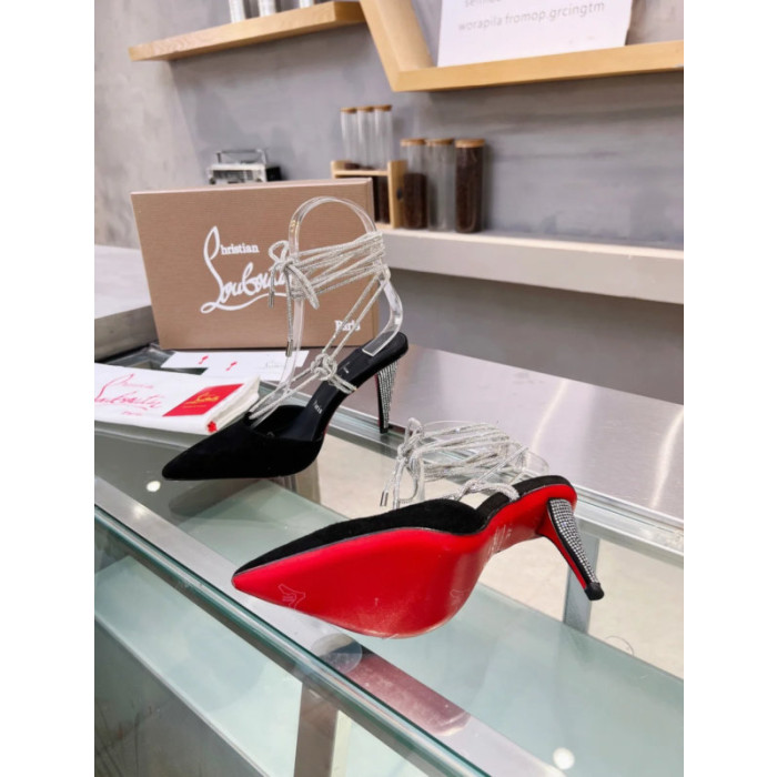 Christian Louboutin Black Suede Crystal Ankle Tie 100mm High Heel Pumps