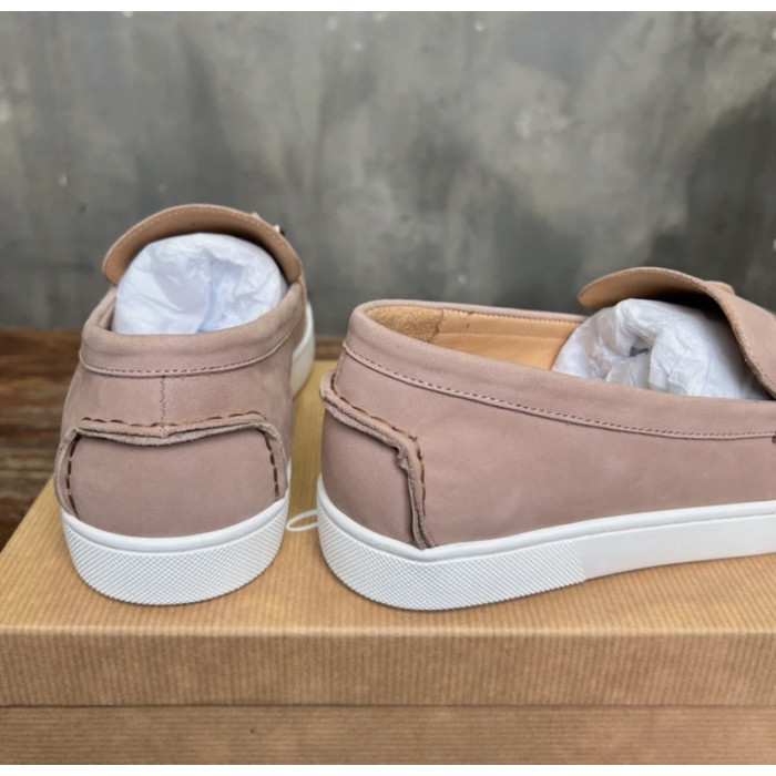 Christian Louboutin Nude Nubuck Metal‑Stud Slip‑On Loafers