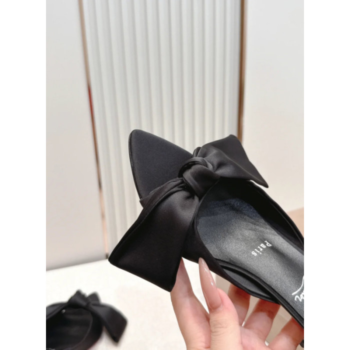 Christian Louboutin Black Satin Bow 55mm Pointed‑Toe Mule Heels