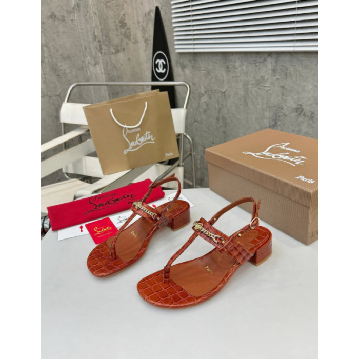 Christian Louboutin Terracotta Croc‑effect Leather Block Heel Thong Sandal
