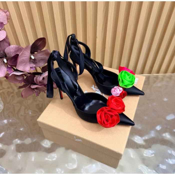 Christian Louboutin Black Satin Multicolor Fabric Flower 100mm Stiletto Heel Slingback Pumps