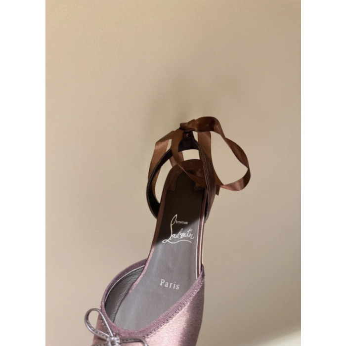 Christian Louboutin Bronze Satin Tie‑Ankle Ballet Flat Sandals