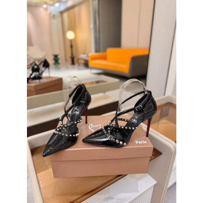 Christian Louboutin Black Patent Studded Crisscross Ankle‑Strap Pointed‑Toe Pumps High Heel