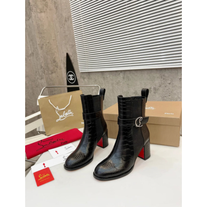 Christian Louboutin Black Croc‑Effect Leather 85mm Block‑Heel Chelsea Ankle Boots with CL Buckle