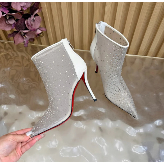 Christian Louboutin Ivory Mesh 100mm Crystal‑Embellished Pointed Toe Stiletto Heel Ankle Boots