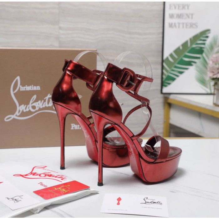 Christian Louboutin Metallic Burgundy Platform Ankle‑Strap Stiletto Heel Sandals