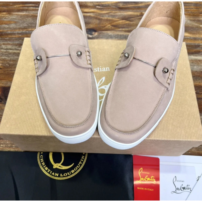 Christian Louboutin Nude Nubuck Metal‑Stud Slip‑On Loafers