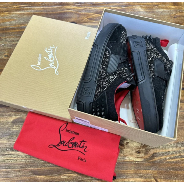 Christian Louboutin Black Suede Crystal Spiked Low‑Top Platform Sneakers
