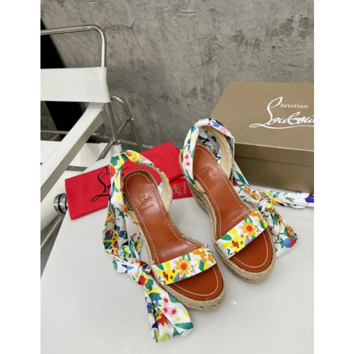 Christian Louboutin Floral Print Fabric 120mm heel Wedge Ankle‑Wrap Espadrille Sandal