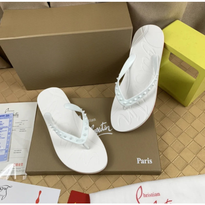 Christian Louboutin White Embossed‑Logo Studded Flip‑Flop Sandals