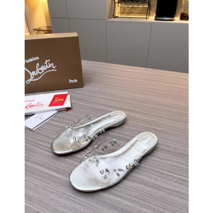 Christian Louboutin Clear Strap Crystal‑Adorned Silver Flat Slide Sandals