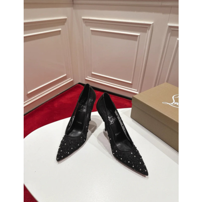 Christian Louboutin Black Mesh Crystal 85mm Stiletto Heel Follies Strass Pumps