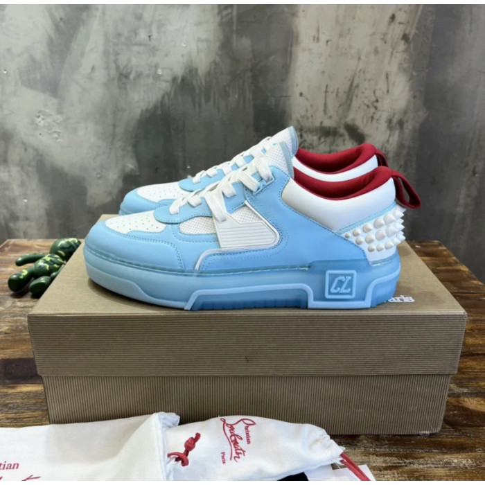Christian Louboutin Light‑Blue‑White Spiked Platform Low‑Top Sneakers