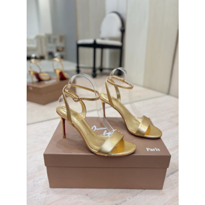Christian Louboutin Gold Laminated Leather 85mm Stiletto Heel Ankle‑Strap Sandals