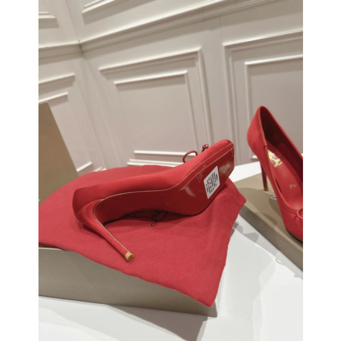 Christian Louboutin Red Satin Bow 100mm Square Toe Stiletto Pumps