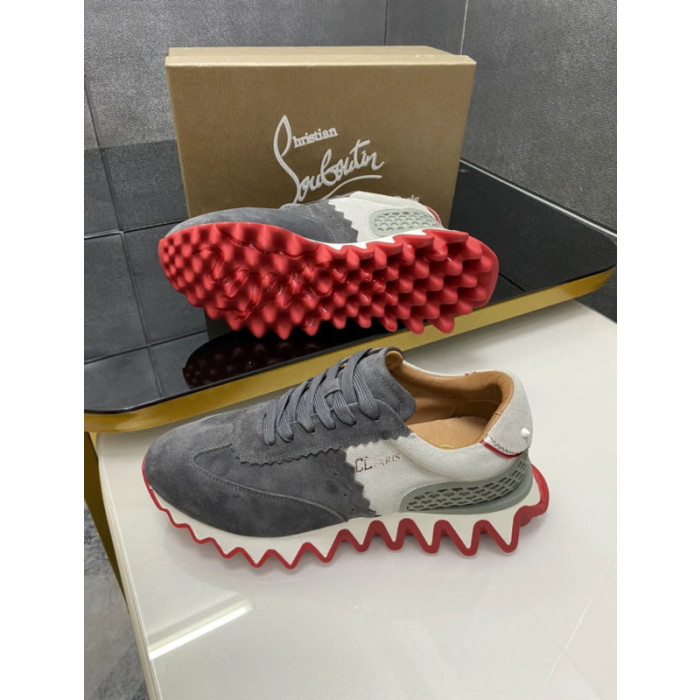 Christian Louboutin Grey Suede Red Zigzag Sole Low‑Top Sneakers