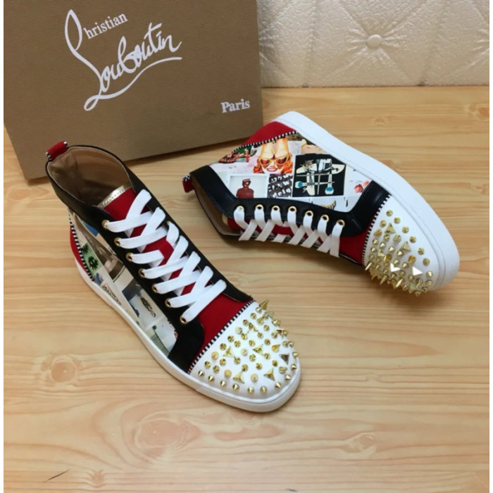 Christian Louboutin Printed Canvas Spiked‑Toe High‑Top Sneakers