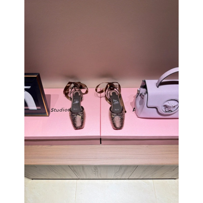 Christian Louboutin Bronze Satin Crystal Tie‑Ankle Ballet Flats