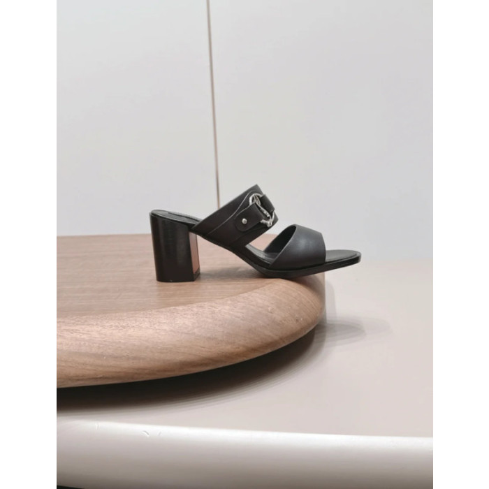 Christian Louboutin Black Leather CL‑Buckle Mule Block Heel Sandals 85mm heel