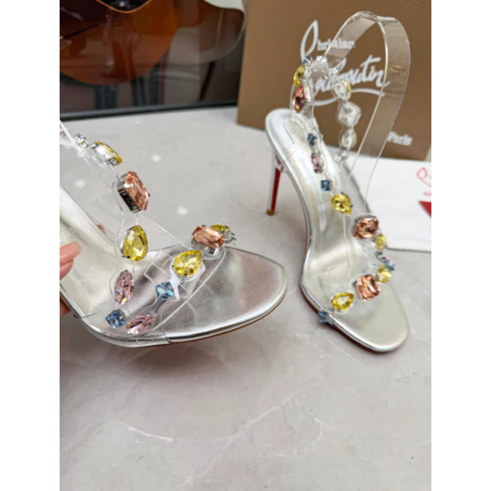 Christian Louboutin Silver PVC Multicolor Crystal‑Embellished 100mm Stiletto Heel Sandals