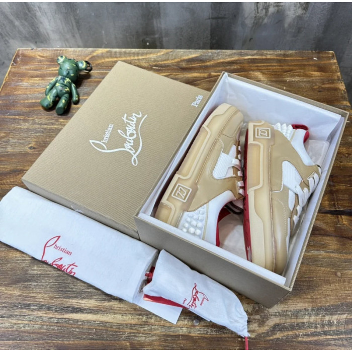 Christian Louboutin Tan‑White Leather Mesh Spiked Platform Low‑Top Sneakers