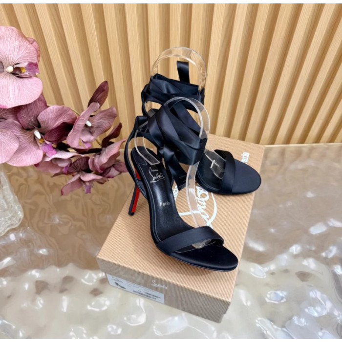Christian Louboutin Black Satin 100mm Ankle‑Wrap Tie Stiletto Sandals