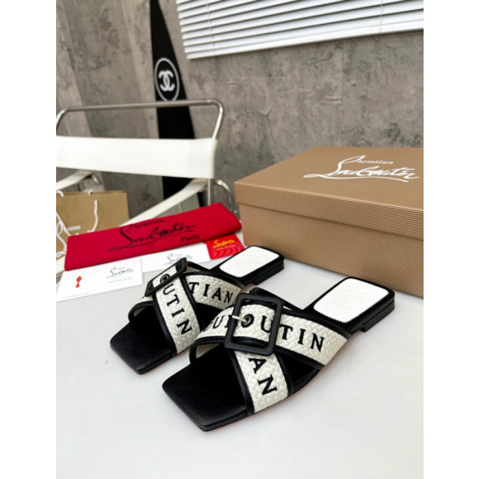 Christian Louboutin Black‑White Woven Flat Slide Sandals