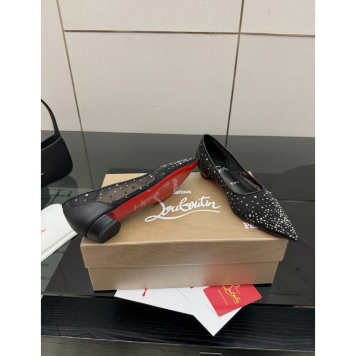 Christian Louboutin Black Mesh Crystal Pointed‑Toe Flat Shoes
