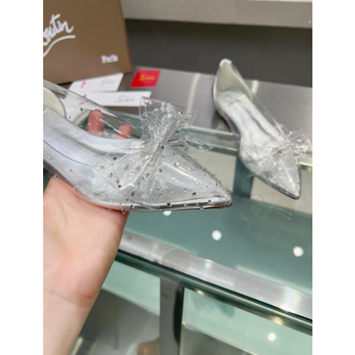 Christian Louboutin Silver Transparent PVC Bow Crystal Pointed‑Toe Flat Pumps