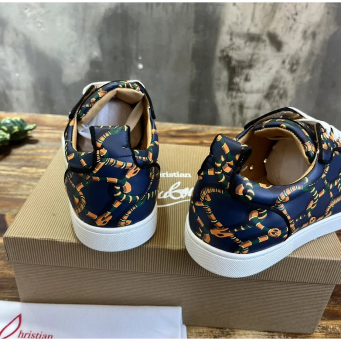 Christian Louboutin Navy Snake‑Print Gold‑Spiked Low‑Top Sneakers