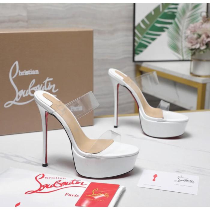 Christian Louboutin White Patent 150mm Clear‑Strap Platform Mule Heels