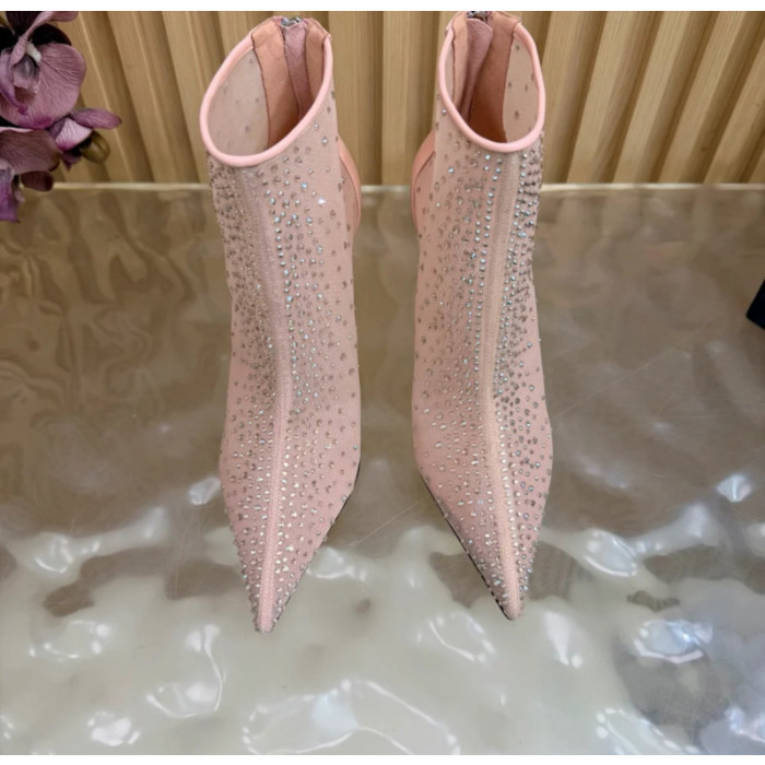 Christian Louboutin Nude Mesh 100mm Crystal‑Embellished Pointed Toe Stiletto Heel Ankle Boots