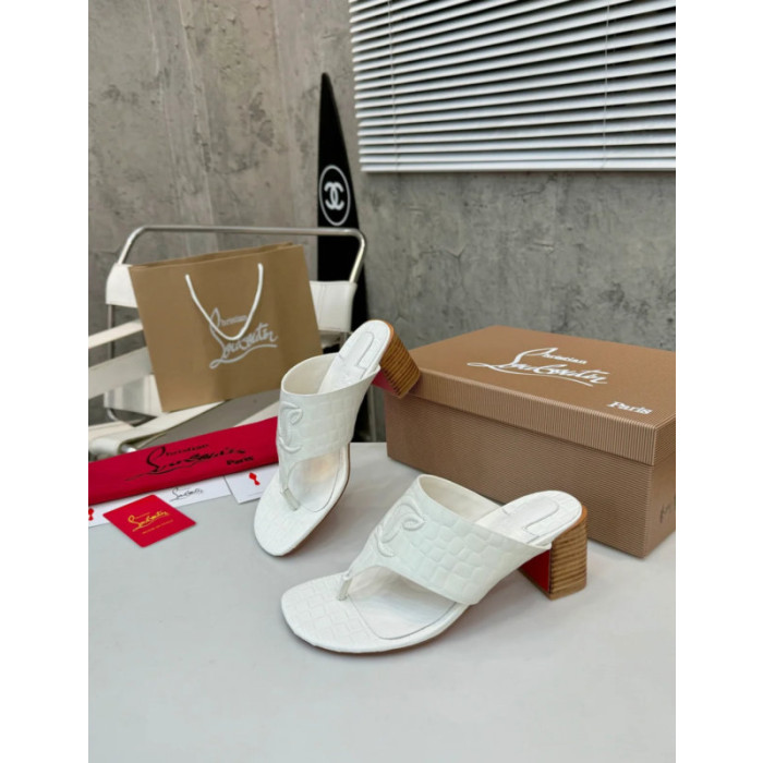 Christian Louboutin White Croc‑Embossed 70mm Block Heel Thong Mule Sandals