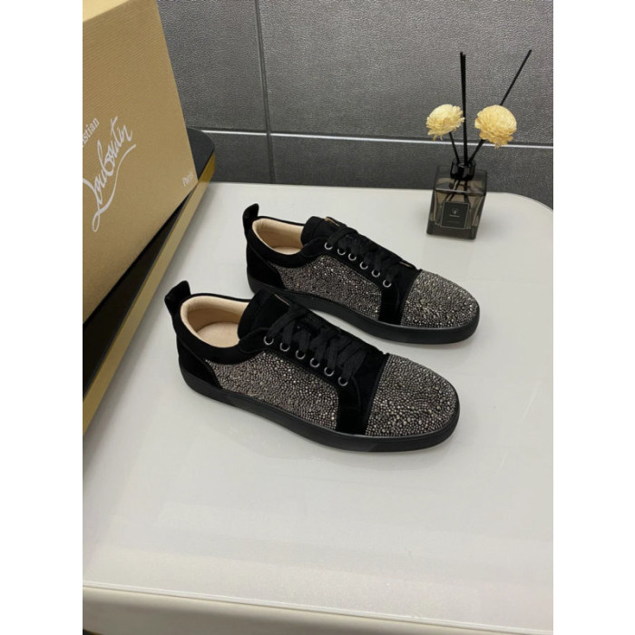 Christian Louboutin Black Suede Gunmetal Crystal‑Encrusted Low‑Top Sneakers