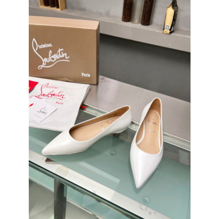 Christian Louboutin White Patent Leather Pointed‑Toe Low‑Wedge Heel Flats