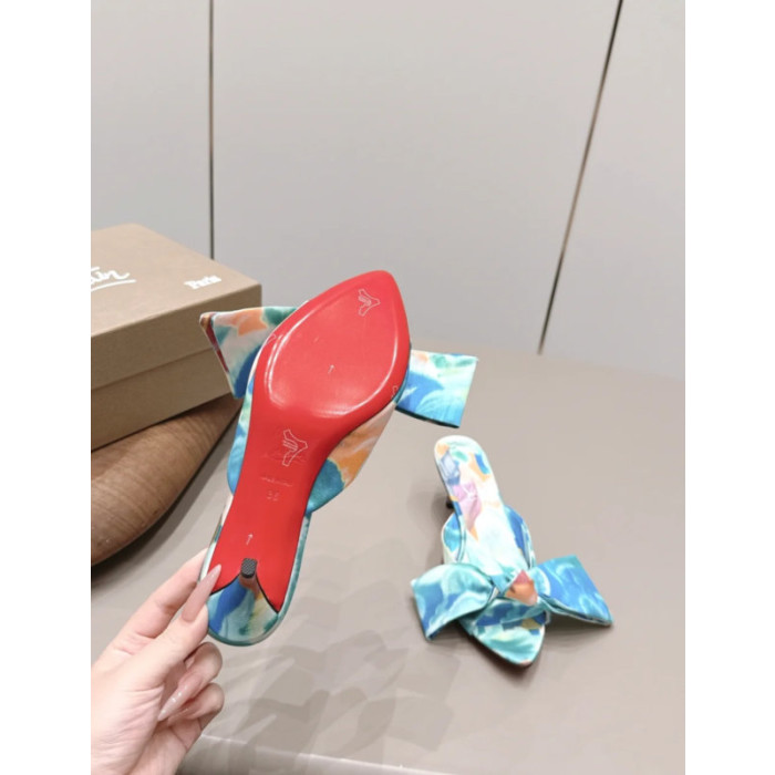 Christian Louboutin Blue‑Tone Watercolor Satin Bow Pointed Mule Kitten Heel Sandals 55mm heel