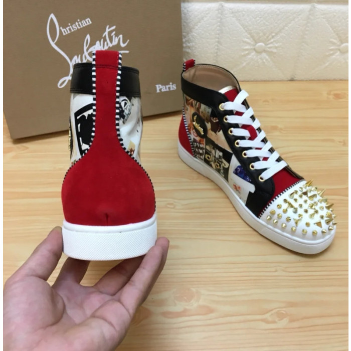 Christian Louboutin Printed Canvas Spiked‑Toe High‑Top Sneakers